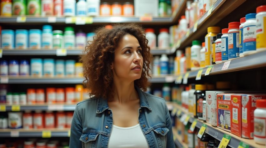 woman in a supermarket trying to decide with thyroid supplement to buy