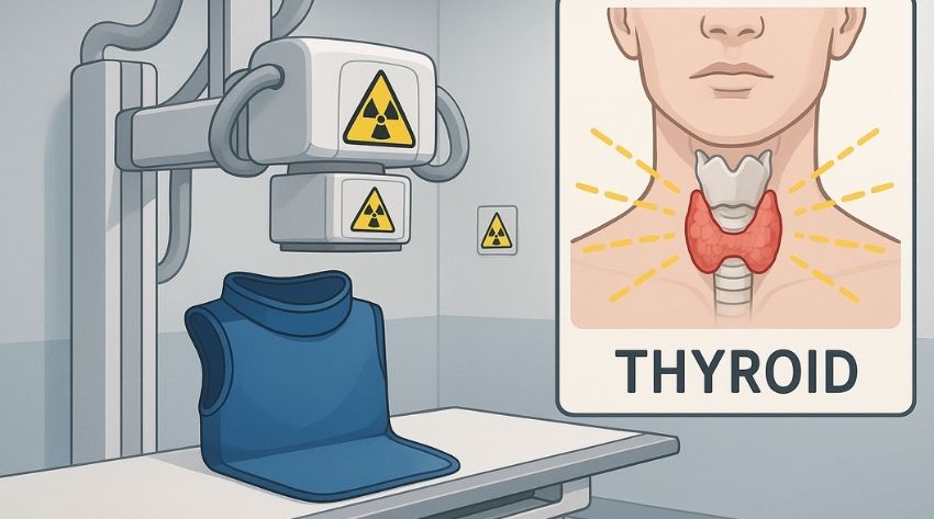 cartoon image showing an xray machine and its links to thyroid cancer