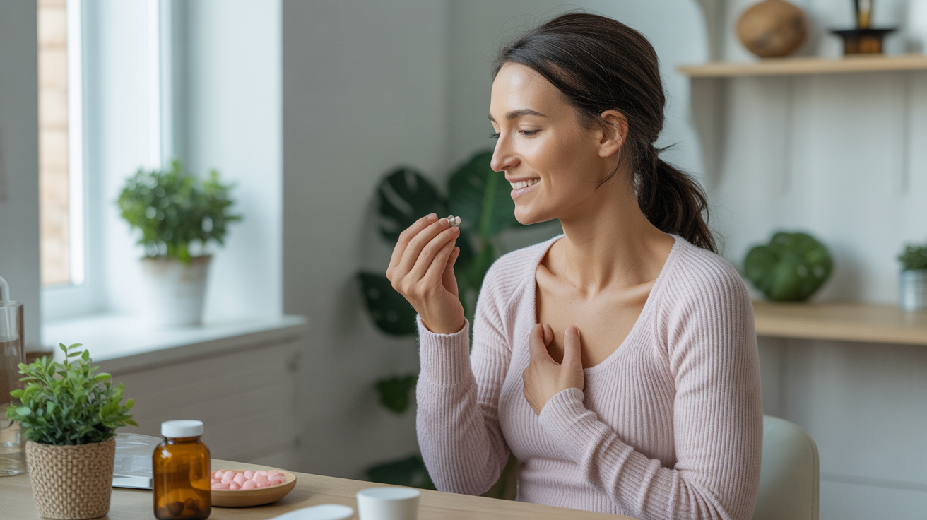 a woman in a pale pink jumper taking breast health supplements