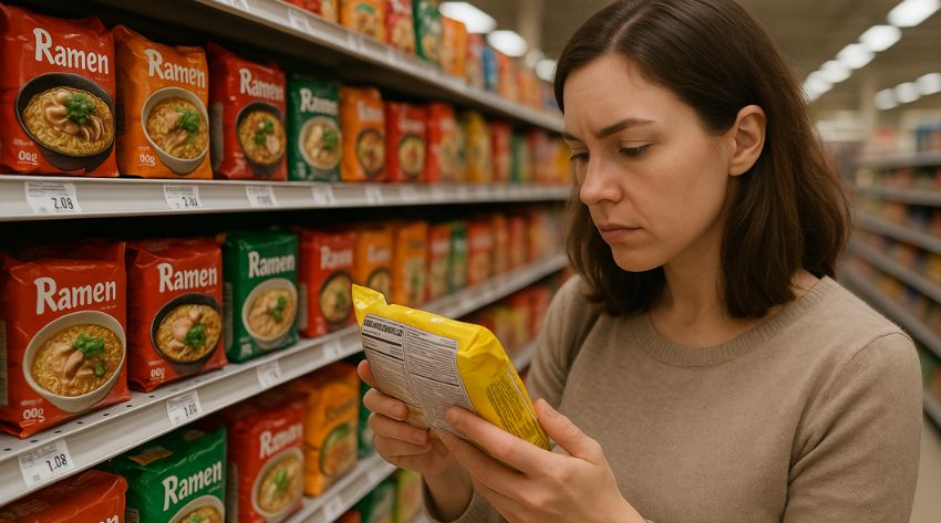 a woman in the supermarket reading ramen pack labels